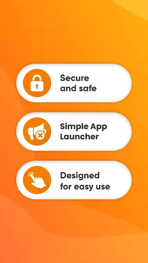 Simple App Launcher features showcase on orange background: secure padlock icon, launcher logo, and easy-use pointer design