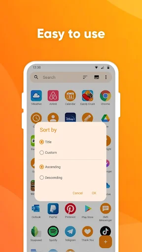 Easy to use sorting menu overlay showing options for Title, Custom, Ascending, and Descending app organization methods