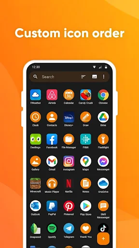 Custom icon order feature with dark theme showing personalized app arrangement and customizable launcher interface