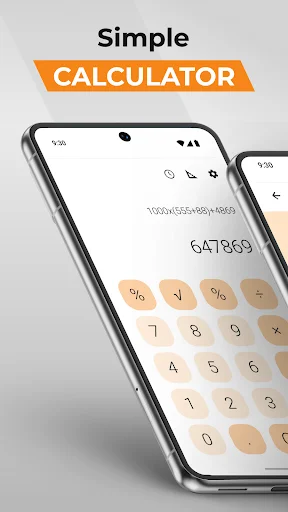 Simple Calculator app main screen showing clean interface with number pad, displaying result 647869 and basic math operations