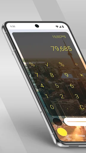 Simple Calculator with dark transparent overlay theme displaying 79.685 result and illuminated number buttons for night mode