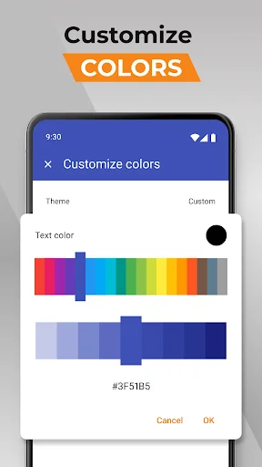 Customize colors screen in Simple Calculator allowing users to personalize text colors with rainbow color picker and hex codes