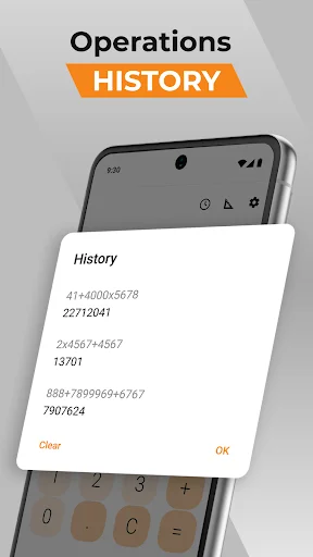 Calculator operations history popup showing previous calculations like 41+40004567B and clear/OK buttons for managing history