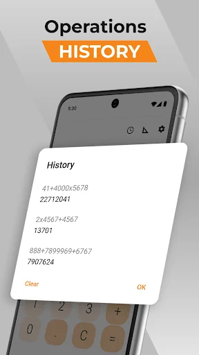 Calculator operations history popup showing previous calculations like 41+40004567B and clear/OK buttons for managing history