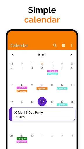 Simple Calendar app main view showing April 2025 month grid with color-coded events and Mari B-Day Party reminder