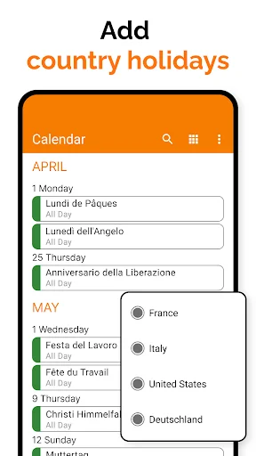 Simple Calendar holiday picker showing country-specific holiday options including France, Italy, United States, and Deutschland