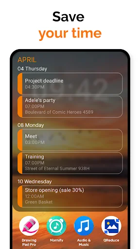 Simple Calendar event scheduler with April appointments and shortcuts to Drawing Pad Pro, Modifier, Audio Music, and GlassGear