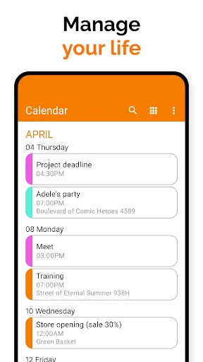 Simple Calendar agenda view displaying scheduled events for April including project deadlines, meetings, and parties