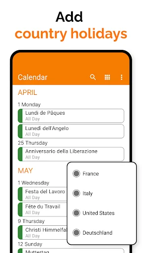 Simple Calendar country holidays feature showing Easter holidays for France, Italy, US, and Deutschland selection menu