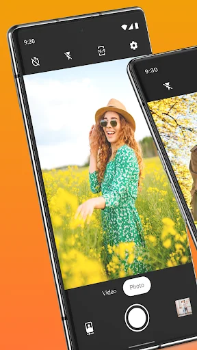Simple Camera app interface showing woman in yellow field with photo/video toggle, shutter button, and gallery access