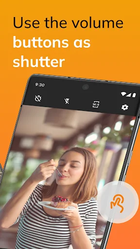 Simple Camera volume button as shutter alternative demonstrated with woman drinking coffee in striped shirt