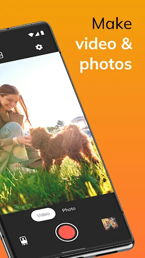 Simple Camera app demonstrating photo and video capture with woman and dog outdoors, featuring red record button