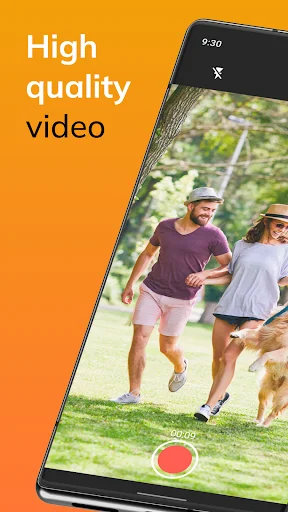 High quality video recording in Simple Camera app showing couple jogging with dog, red recording indicator active
