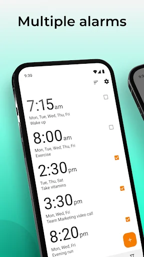 Simple Clock app alarm list showing multiple alarms at 7:15am, 8:00am, 2:30pm, 3:30pm, and 8:20pm with days and labels