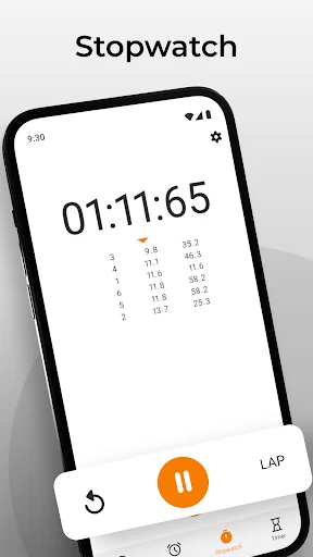 Simple Clock stopwatch function running at 01:11:65 with lap time history and pause/resume timer controls