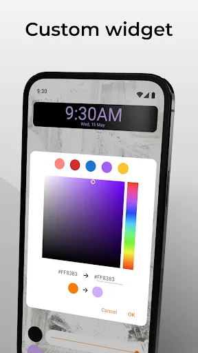 Simple Clock home screen widget customizer with color palette and gradient selection for clock display