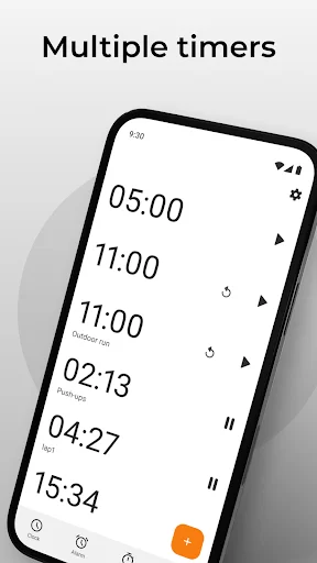 Simple Clock timer management screen with multiple active countdown timers and individual play/pause controls