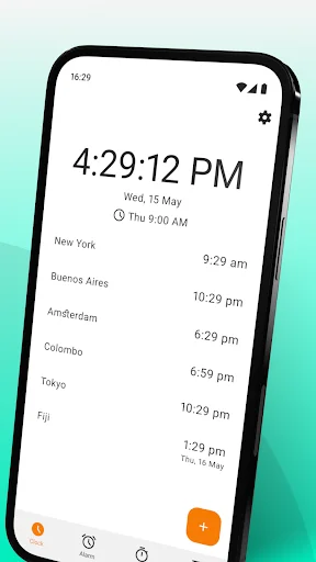 Simple Clock world time display showing 4:29 PM with international times for New York, Buenos Aires, Amsterdam, Colombo