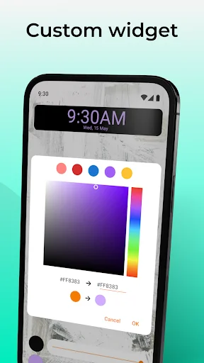 Simple Clock widget customization screen with color picker showing purple gradient and time display options