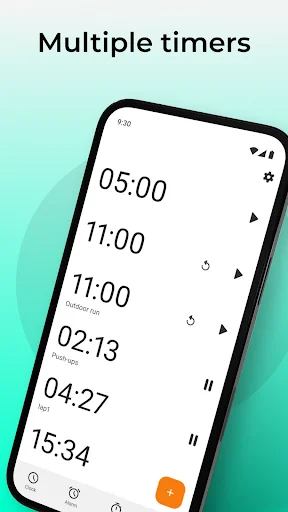 Simple Clock multiple timers view showing various countdown timers including 05:00, 11:00, and 15:34 with controls