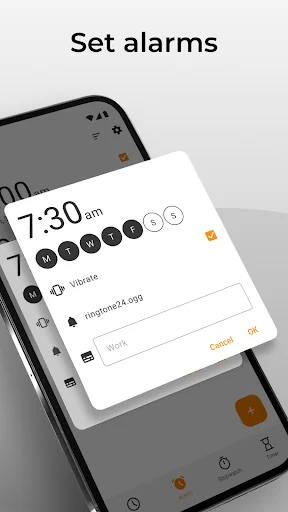 Simple Clock alarm creation modal with 7:30am time selection, weekday picker, and vibration settings overlay