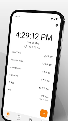 Simple Clock world clock feature showing current time 4:29 PM and multiple international city time zones