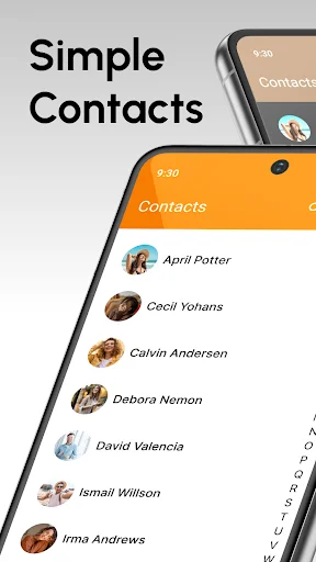 Simple Contacts app main screen showing contact list with profile photos and names including April Potter and Cecil Yohans