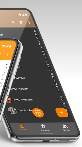 Simple Contacts app interface with navigation tabs, dialer button, and contact list featuring profile pictures and names
