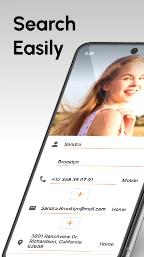 Simple Contacts search feature displaying Sandra's contact details with phone number, email, and address information