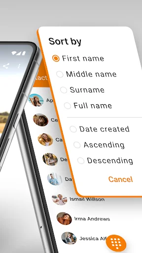 Simple Contacts sort options menu showing sorting by first name, surname, date created in ascending or descending order