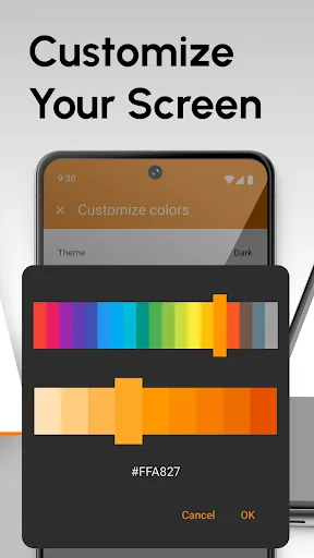 Simple Contacts theme customization screen with color palette selector and hex code #FFA827 for app appearance settings