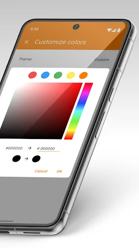 Simple Contacts color picker interface with gradient selector and preset color options for customizing app theme