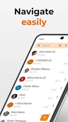 Simple Dialer app contacts list showing names with profile photos, phone numbers, and search functionality for easy navigation