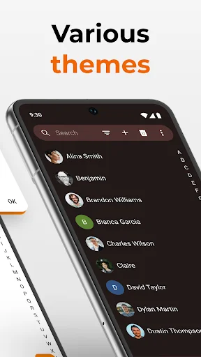 Simple Dialer app featuring dark theme contact list with profile pictures and search bar for various theme customization