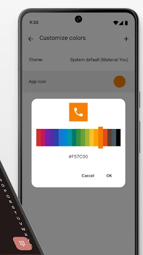 Simple Dialer color customization screen showing app icon theme selector with rainbow color palette and orange phone icon