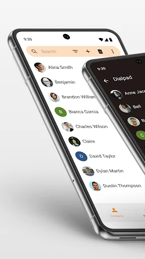 Simple Dialer contact list with dialpad overlay showing phone number input and call functionality on mobile device