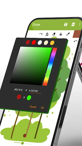 Color picker tool open in Simple Drawing app with green gradient selection - digital painting palette for mobile sketching