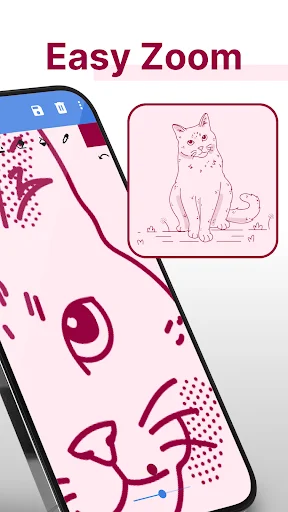 Easy Zoom feature in drawing app displaying cat sketch detail - precision drawing tools for digital art and design