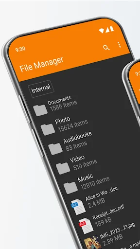 Simple File Manager app main screen showing organized file folders including Documents, Photos, Audio, Video, and Music with item counts