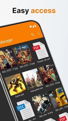 Simple File Manager displaying visual grid view of files with easy access to photos, PDFs, and documents in thumbnail format