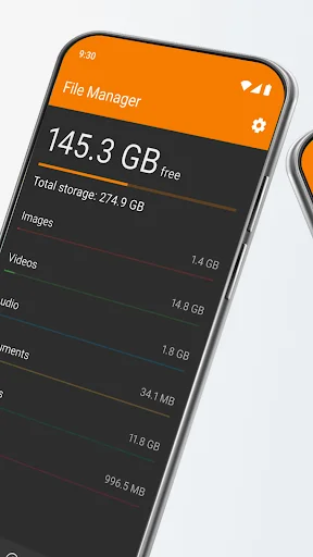 Storage overview screen showing 145.3 GB free space out of 274.9 GB total with breakdown by file types like Images and Videos