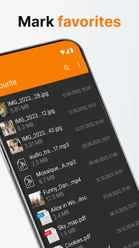 Mark favorites feature displaying starred files including photos, videos, and documents with timestamps in Simple File Manager