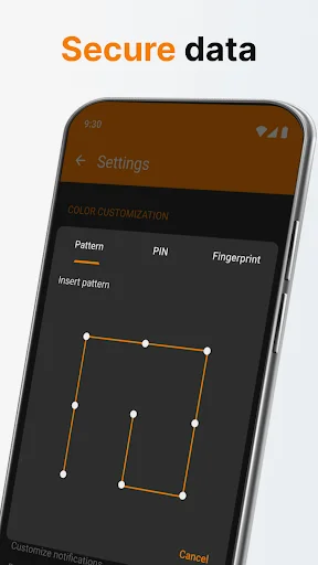 Security settings screen with pattern lock setup interface for protecting sensitive files and folders in Simple File Manager