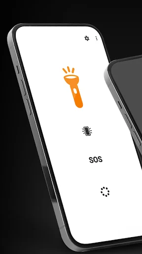 Simple Flashlight app main interface with orange flashlight icon, SOS button, and settings on white background