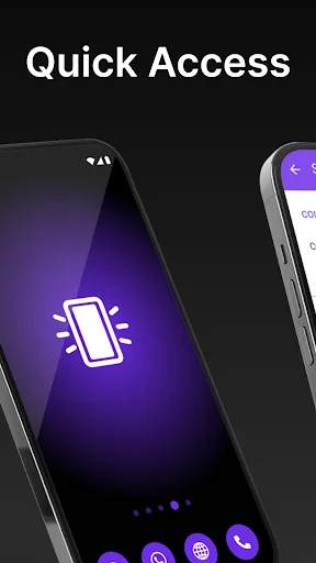 Quick Access purple theme displaying illuminated phone flashlight icon with gradient background effect
