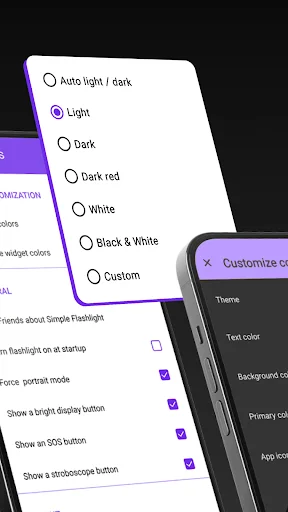 App settings showing theme selection menu with Light option selected and various color theme choices available