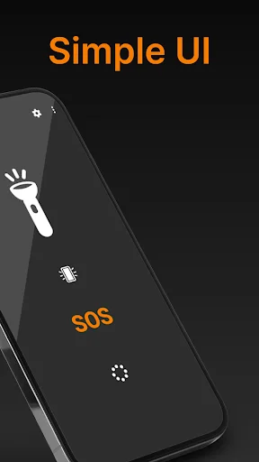 Simple Flashlight app dark theme showing Simple UI text with flashlight icon, SOS button and settings controls
