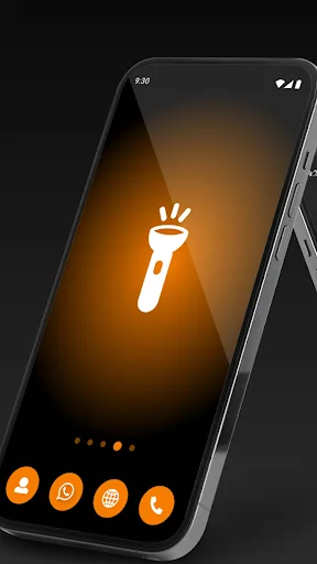 Simple Flashlight app active with orange glow effect, flashlight icon on, and bottom navigation with orange icons