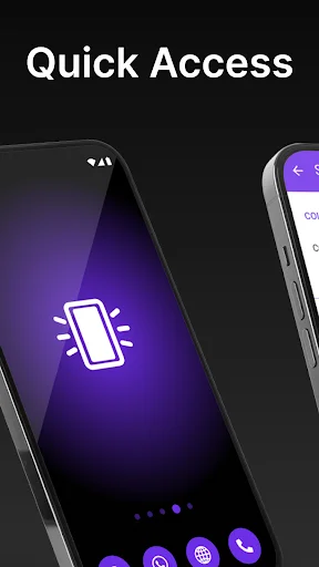 Quick Access feature showing purple gradient background with white phone flashlight icon and bottom navigation