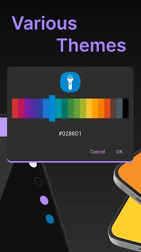 Color picker interface showing Various Themes with rainbow color palette and hex code #0288D1 selection